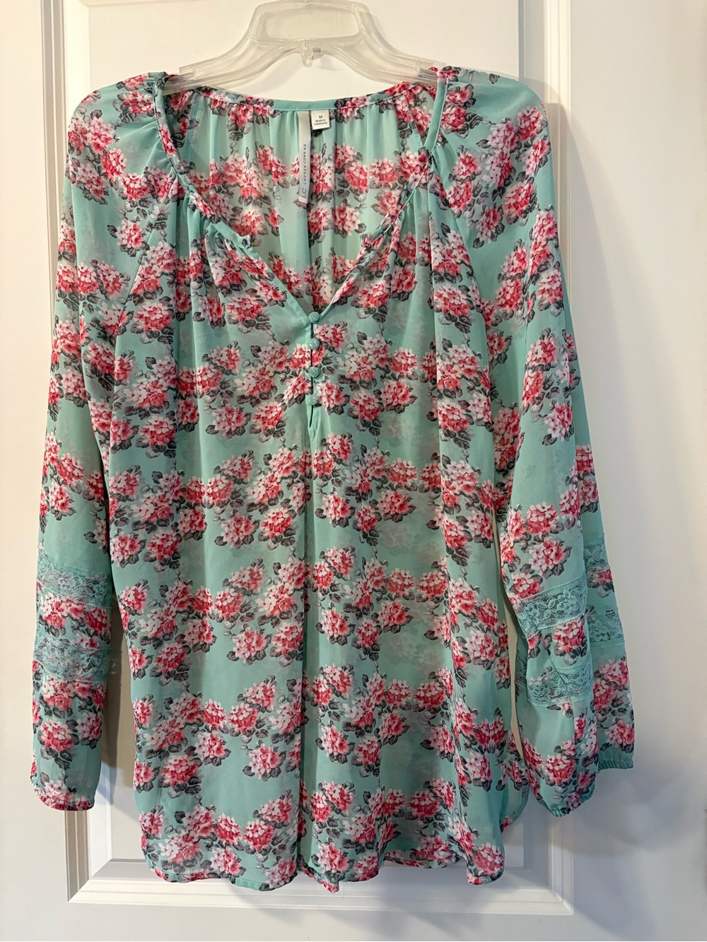 LC Lauren Conrad Mint Floral V-Neck Tunic with Pink Blooms